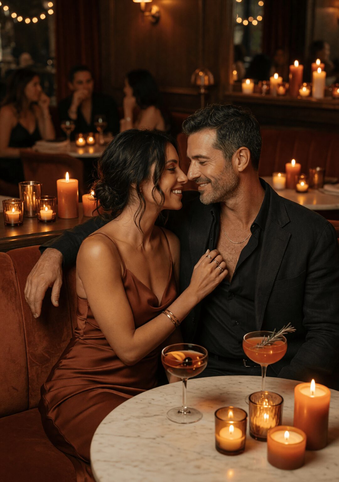 A couple sharing an intimate, candle-lit moment at a warm cocktail lounge