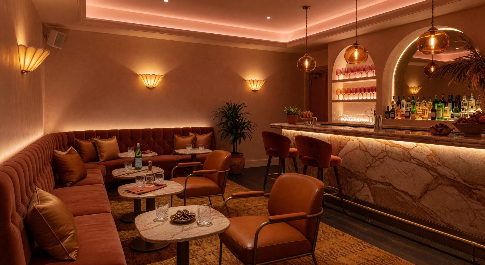An elegant, softly lit lounge inside an upmarket lifestyle venue