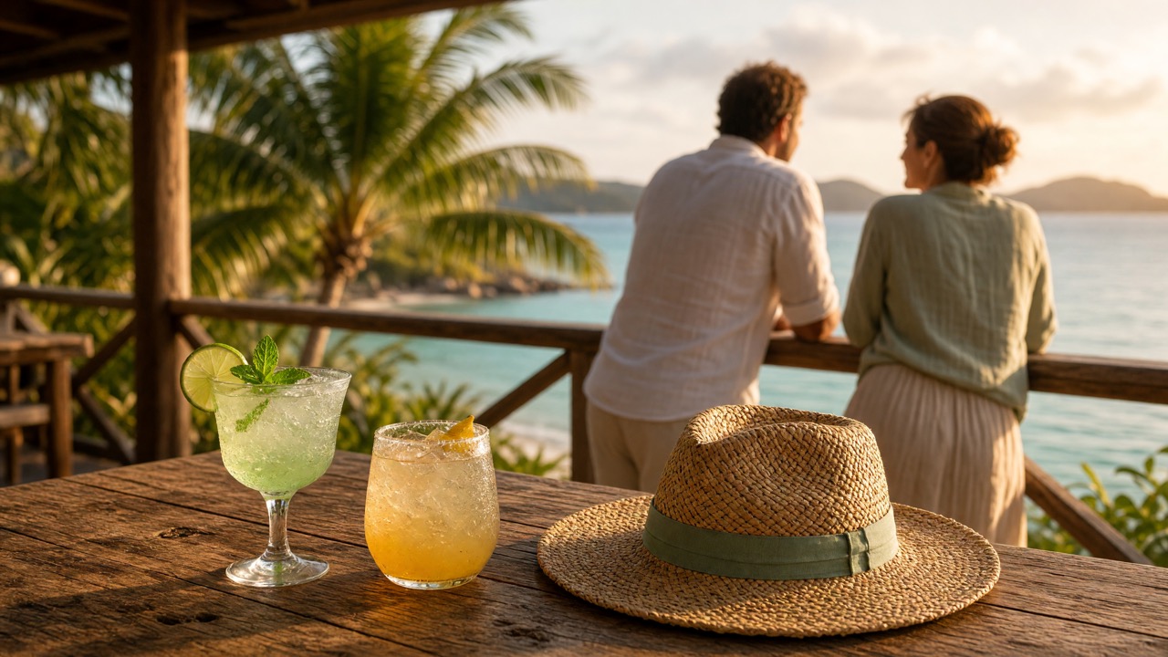 Cocktails and a sunhat on a resort verandah while a couple looks out over a tropical bay at sunset