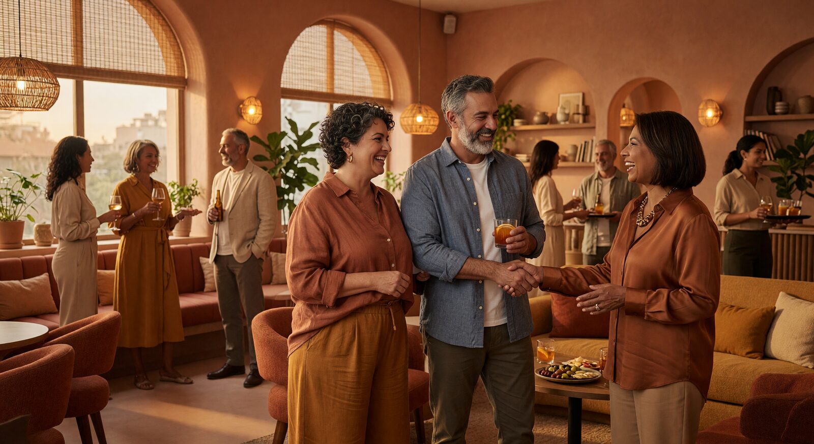 A relaxed couple talking over drinks in a warm lounge