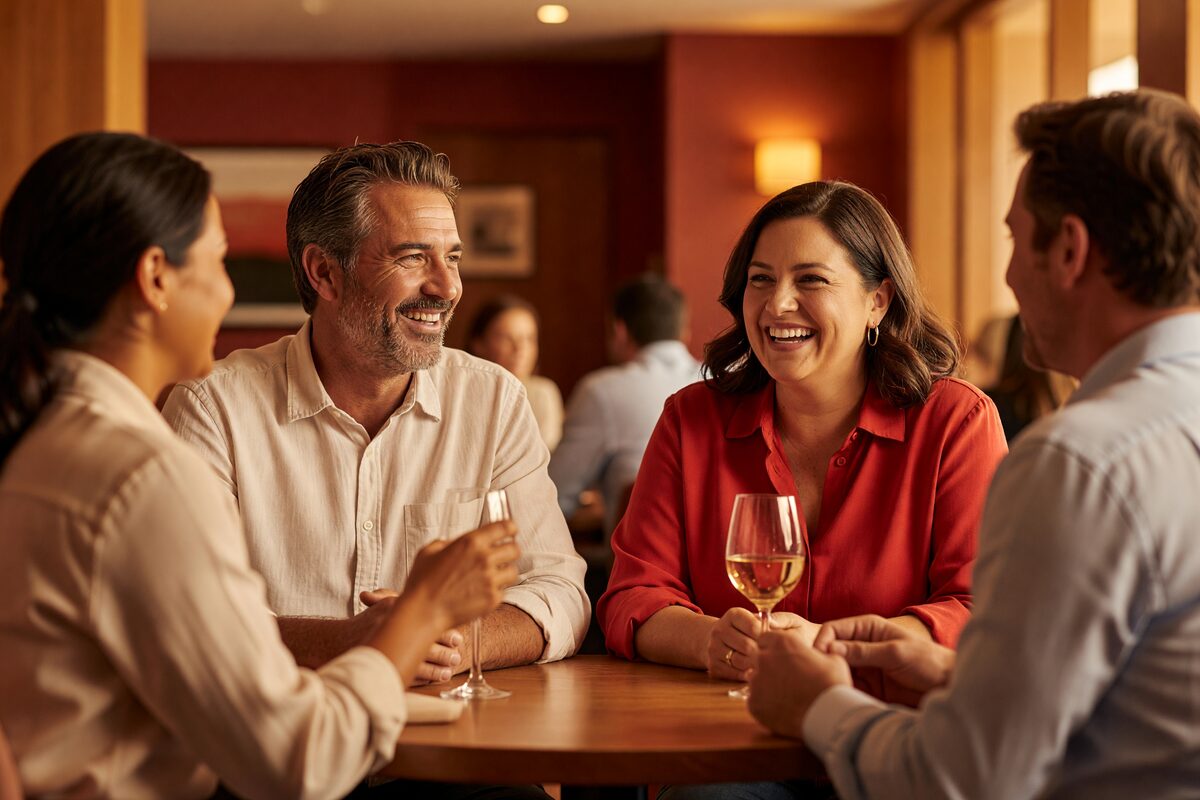 A diverse group of adults mingling and chatting comfortably at a social event