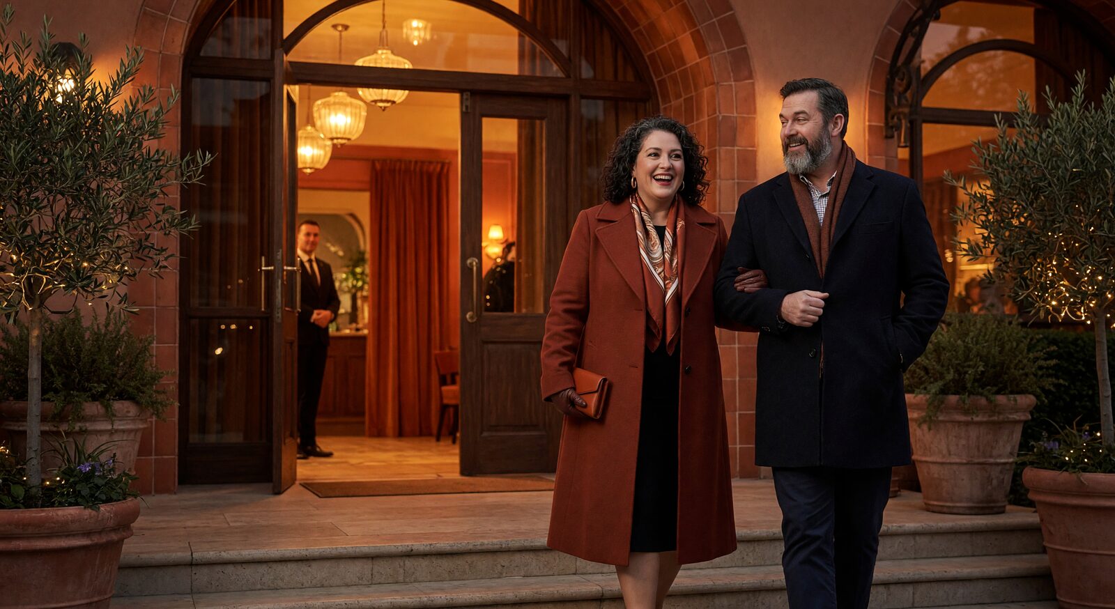 A well-dressed couple arriving at a stylish venue entrance at night