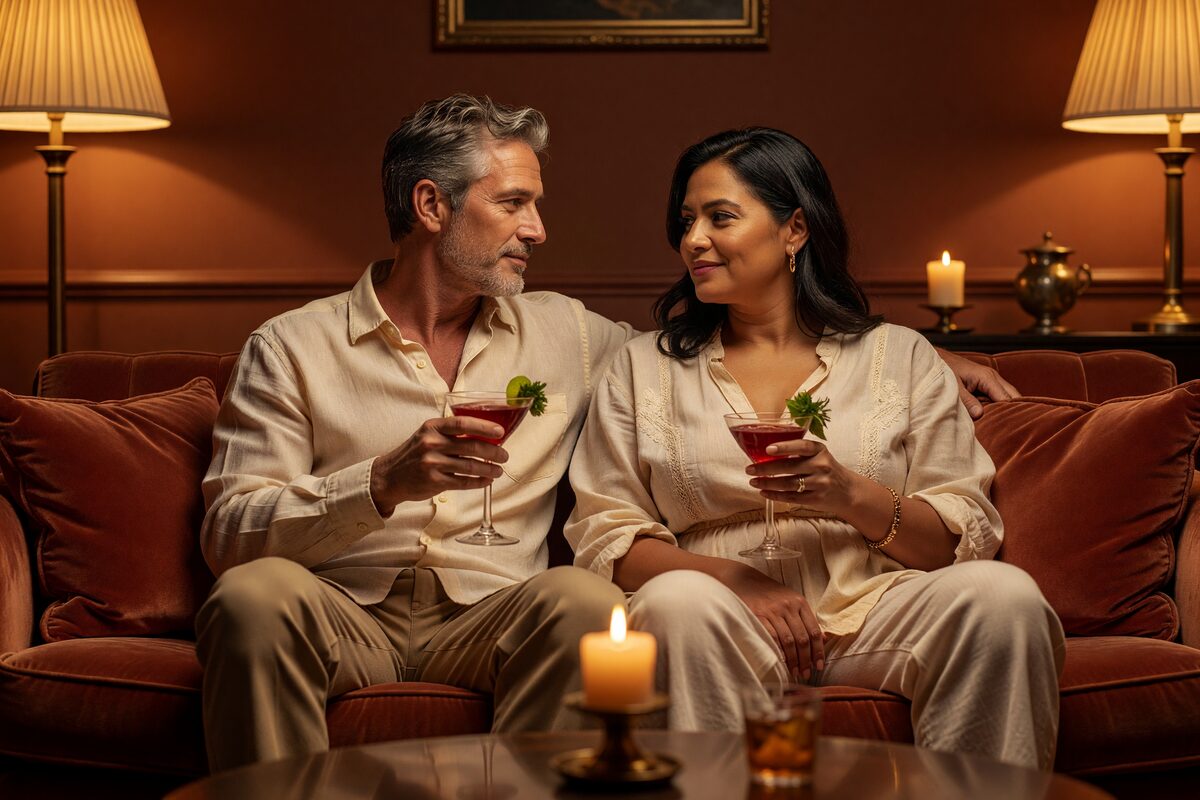 A couple talking warmly together over coffee the next morning