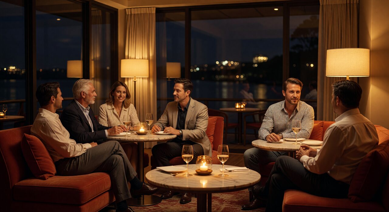 Inside a warm, dimly lit Canberra lounge with stylish guests mingling