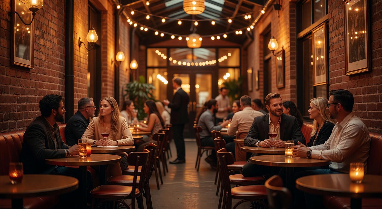 Inside a warm, dimly lit Melbourne lounge with stylish guests mingling