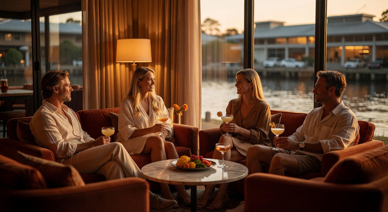 Inside a warm, dimly lit Perth lounge with stylish guests mingling