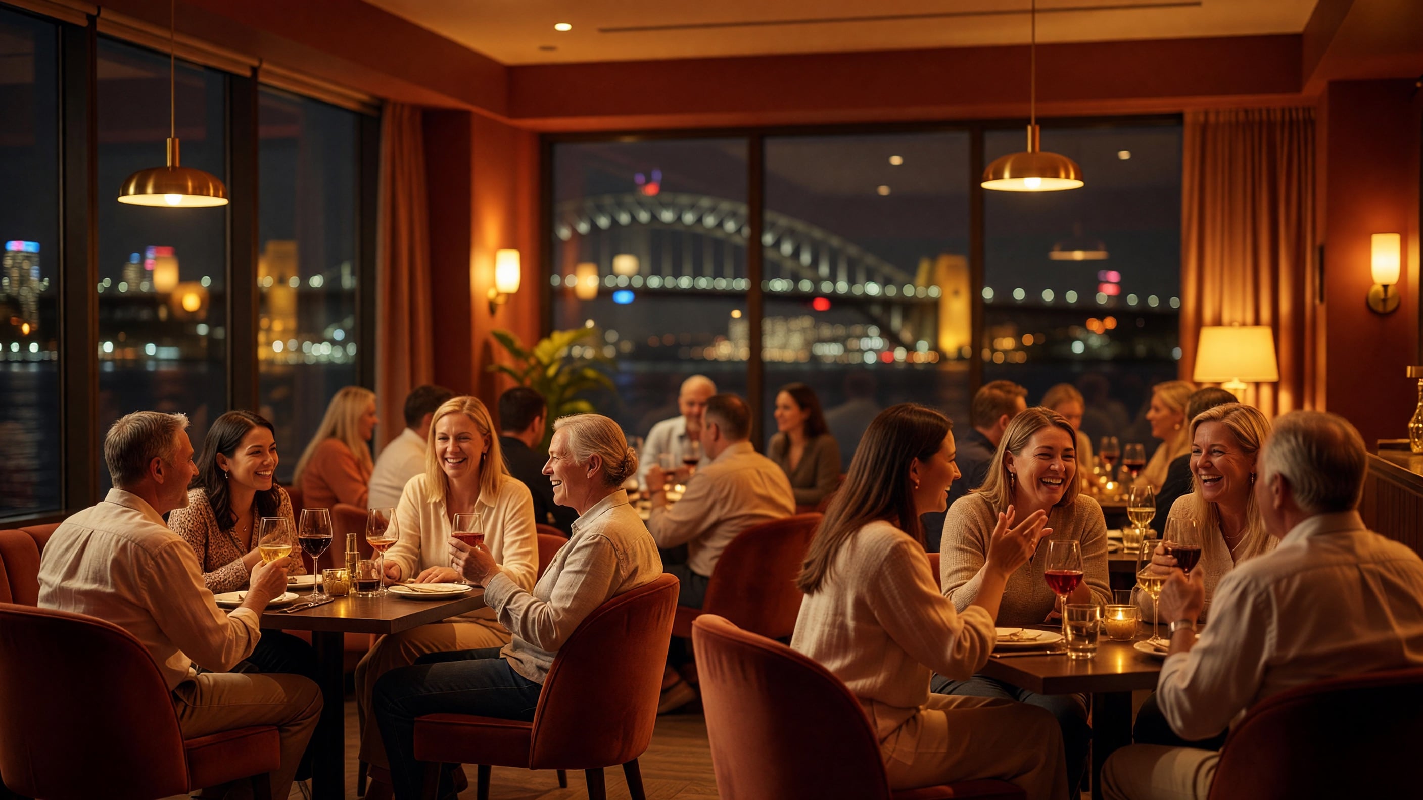 Inside a warm, dimly lit Sydney lounge with stylish guests mingling