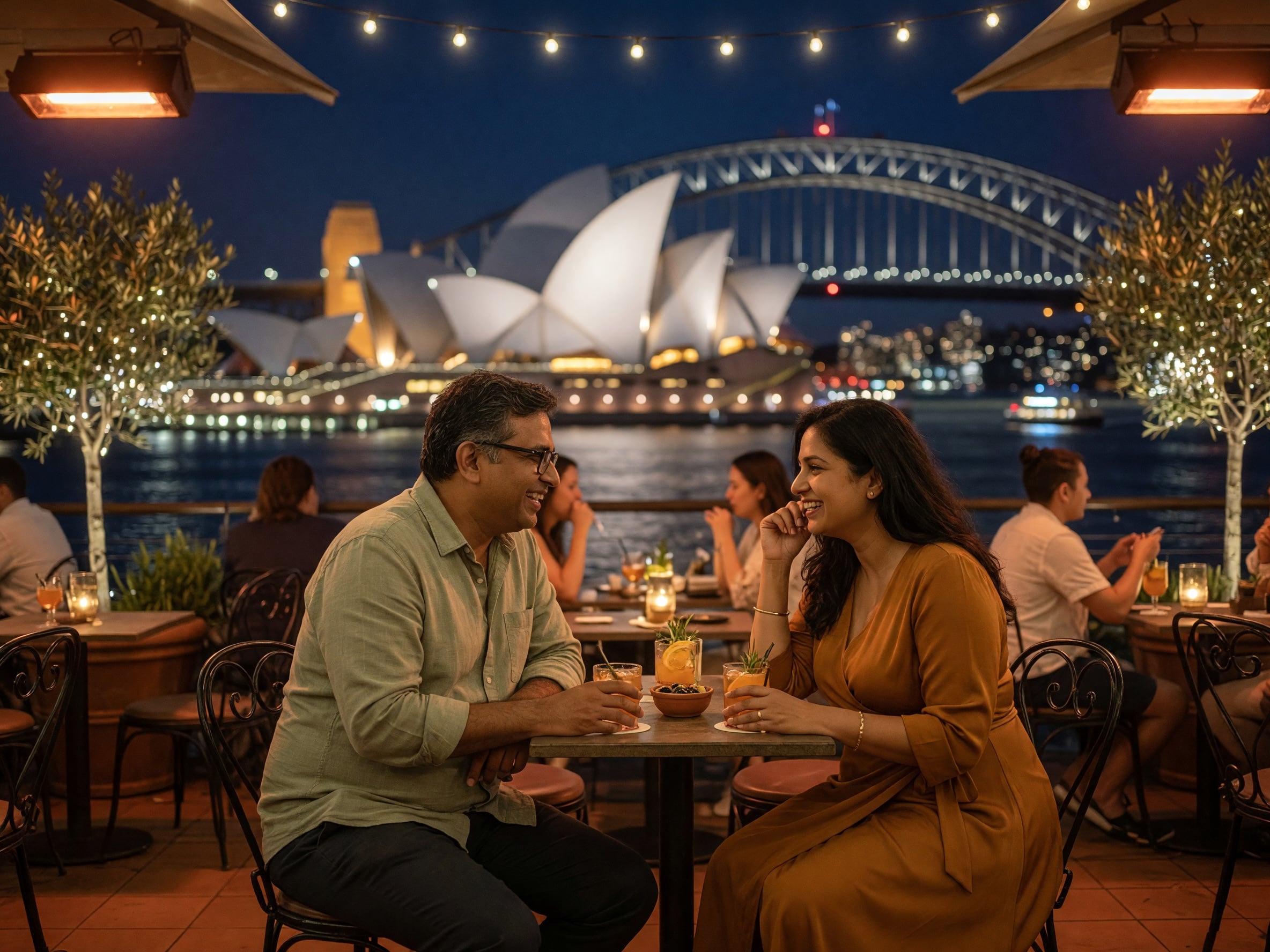 A couple at a harbourside rooftop bar with the Sydney Opera House and Harbour Bridge at night